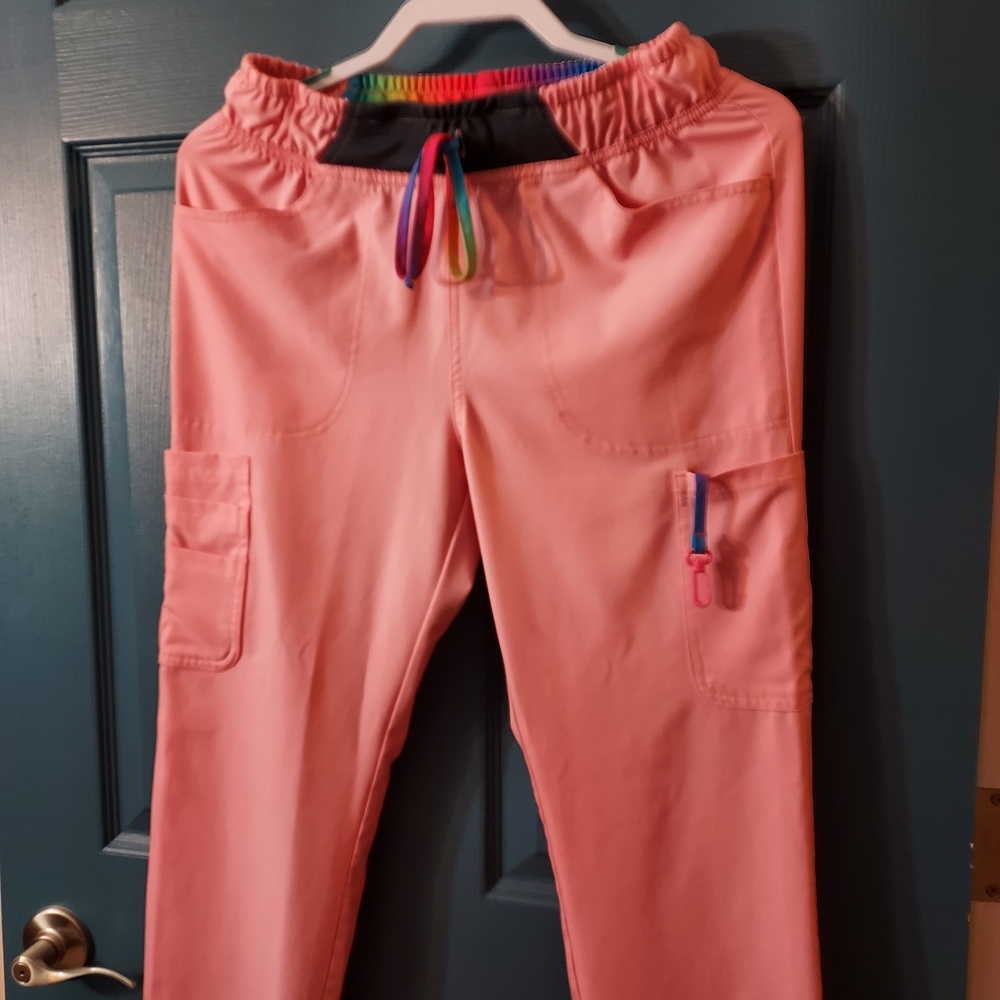Pink Scrub Pants with Multicolor Rainbow Drawstring Size Small - Picture 6 of 11